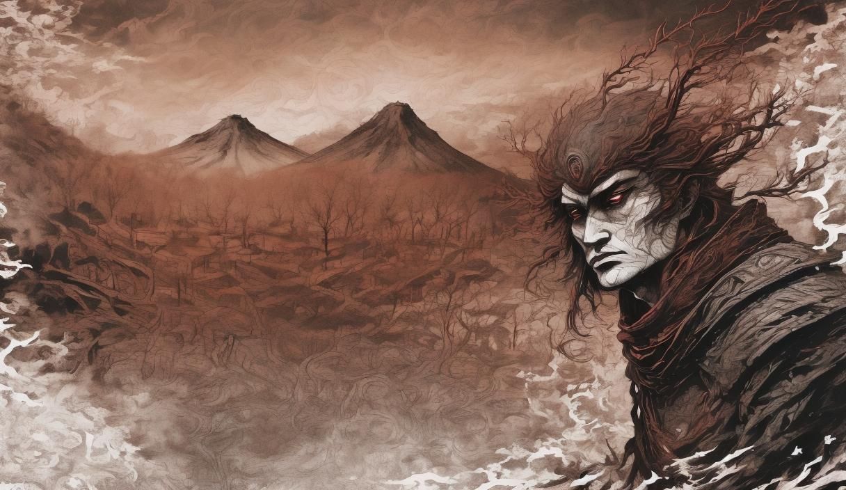 Surreal Woodblock Print of Korean Village Under Twin Moons