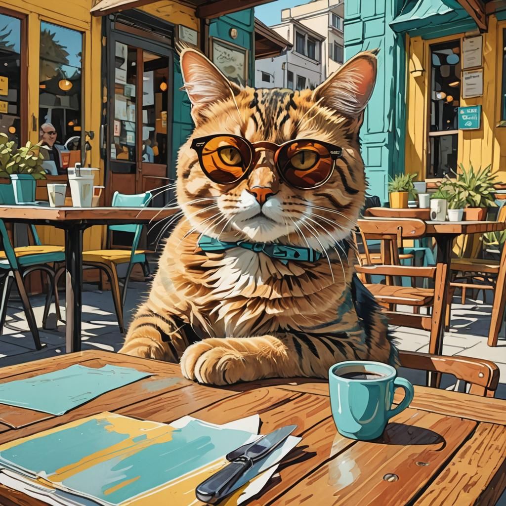 Cartoon Cat at Café in Abstract Expressionist Style