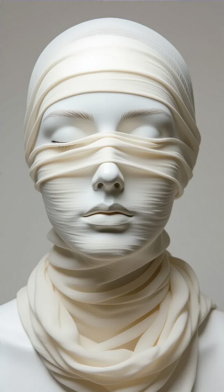 Surreal Portrait Wrapped in Gauze with Exposed Painted Lips