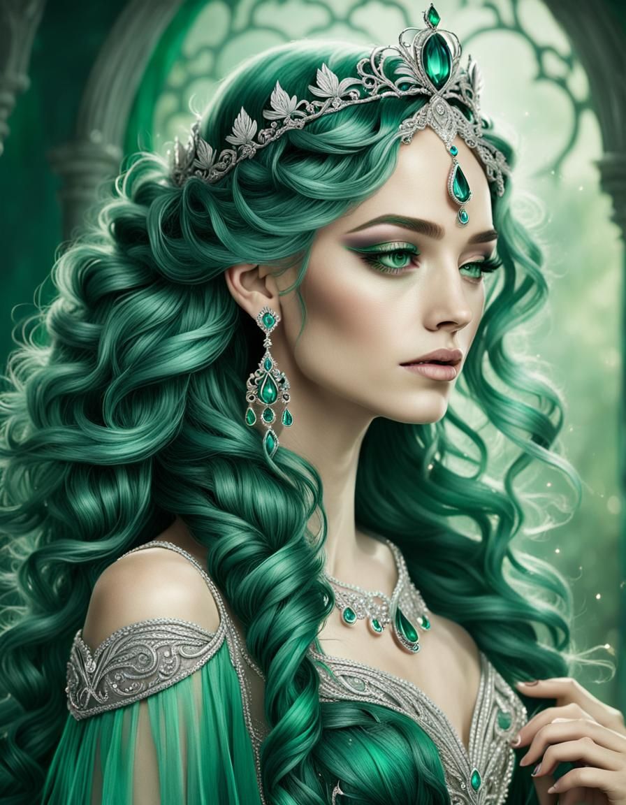 Regal Woman with Emerald Hair and Crown