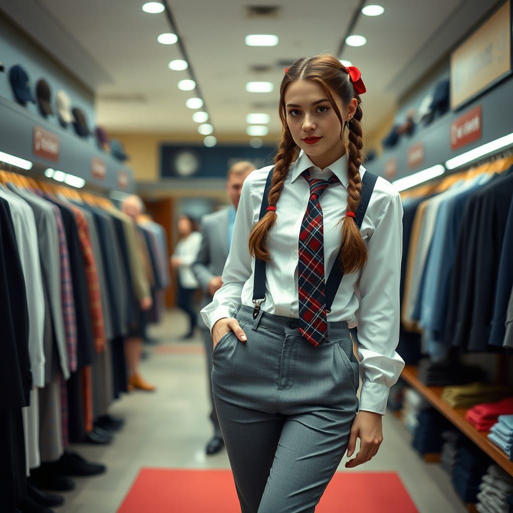 Girl in Classic Boy's Uniform Posing in a Men's Store