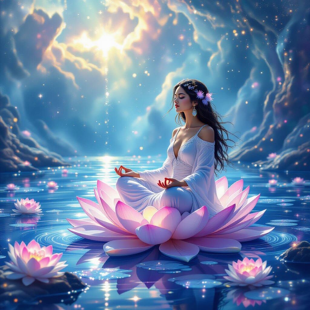 Andromedan Meditating on Lotus in Cosmic Sea
