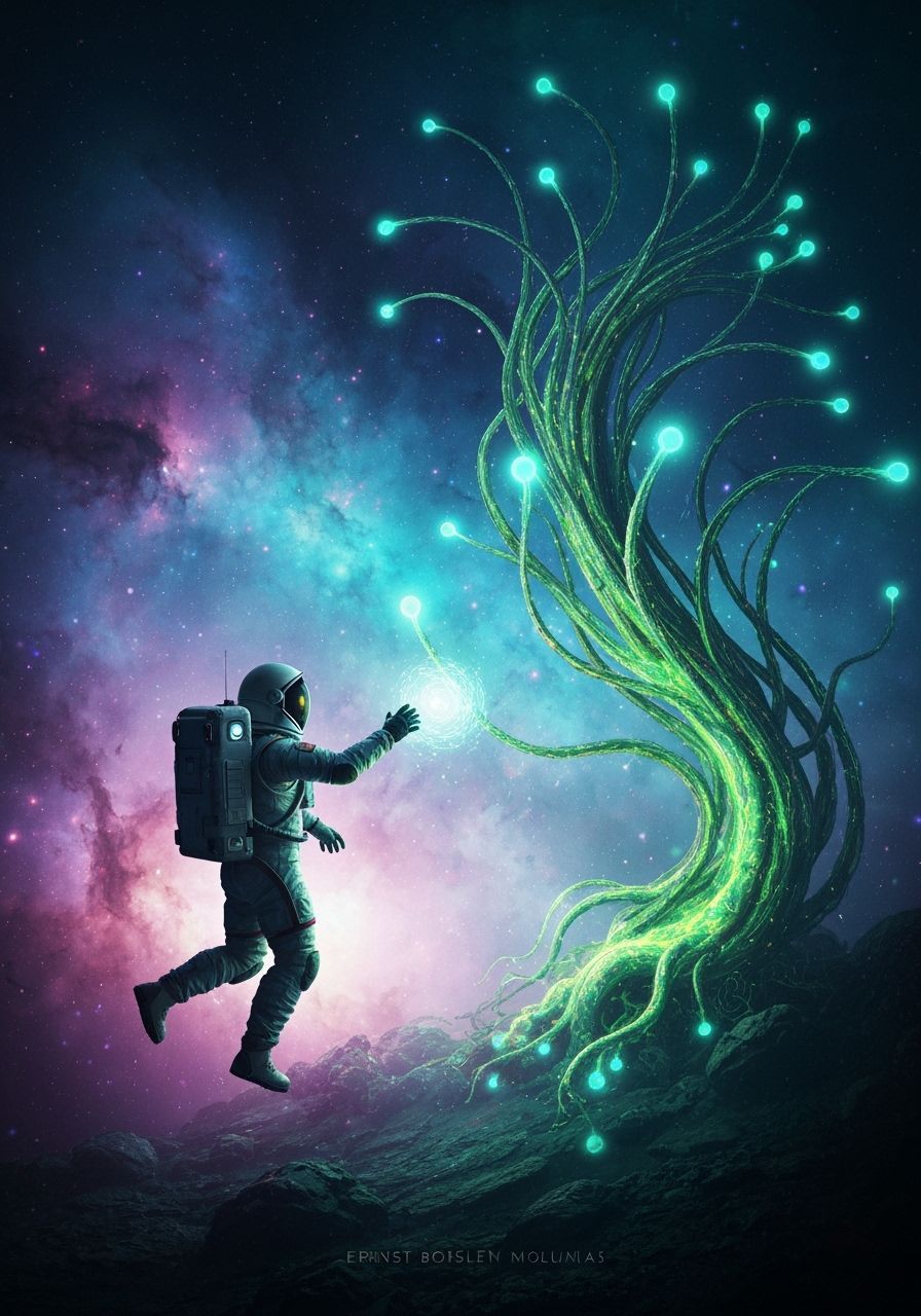 Astronaut Reaches for Bioluminescent Plant in Cosmic Nebula