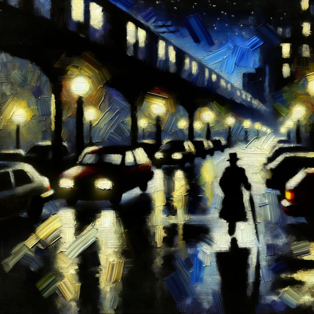 Moody Night City Alleyway Oil Painting with Subway