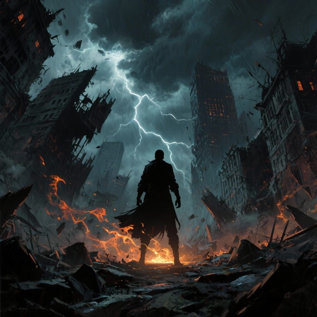 Defiant Figure in Storm-Tossed Cityscape