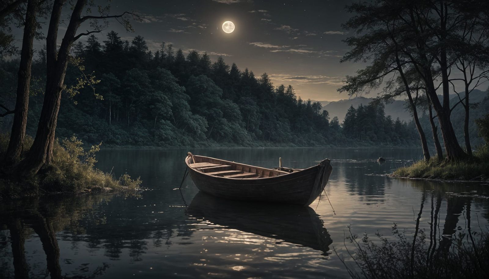 Moonlit Boat on Lake in Chiaroscuro Style