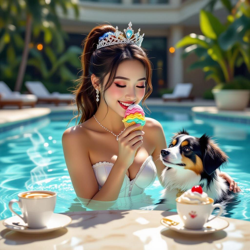 Joyful Girl Splashes in Pool With Dog and Rainbow Ice Cream