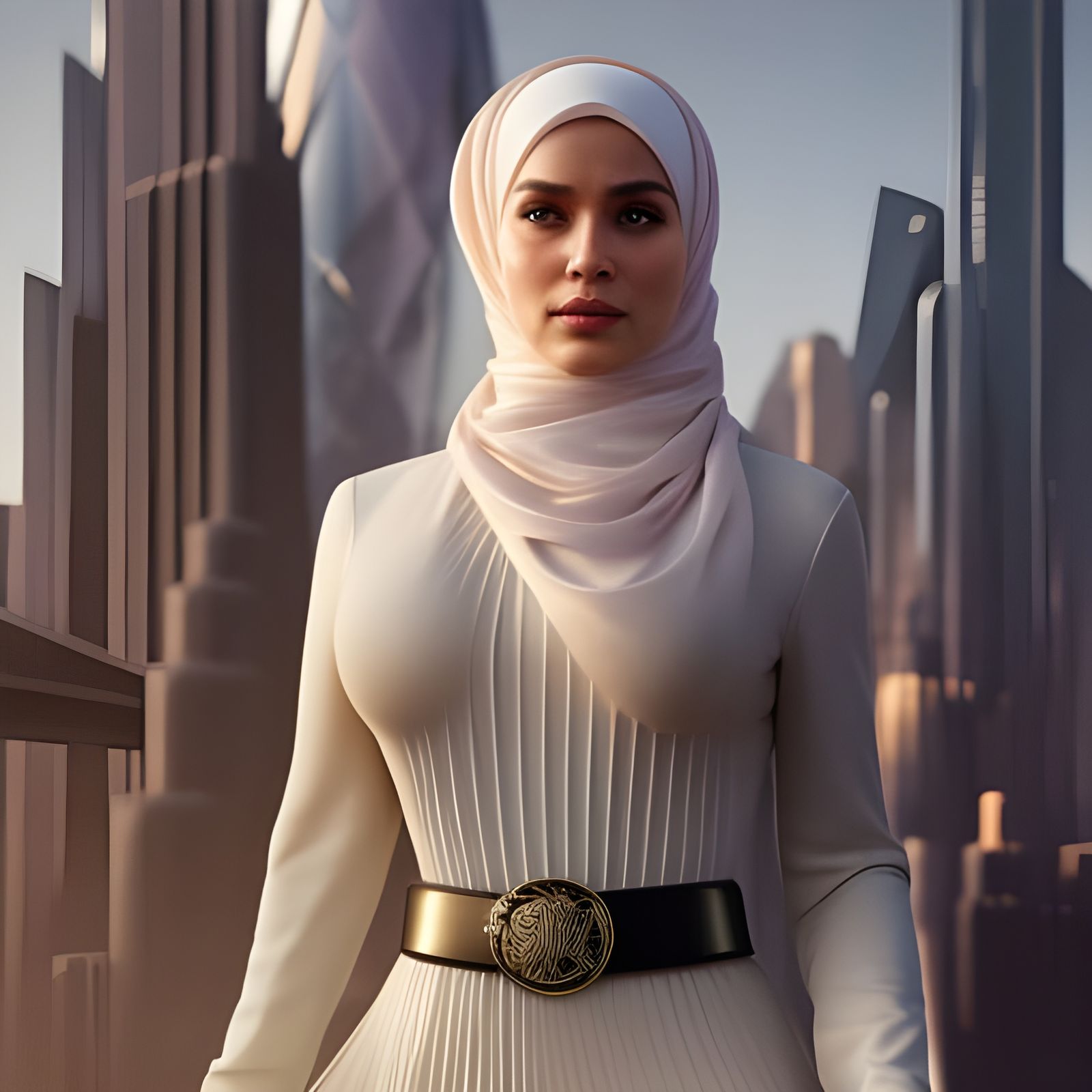 Beautiful Woman in Hijab, Futuristic Cityscape, Art Nouveau ...