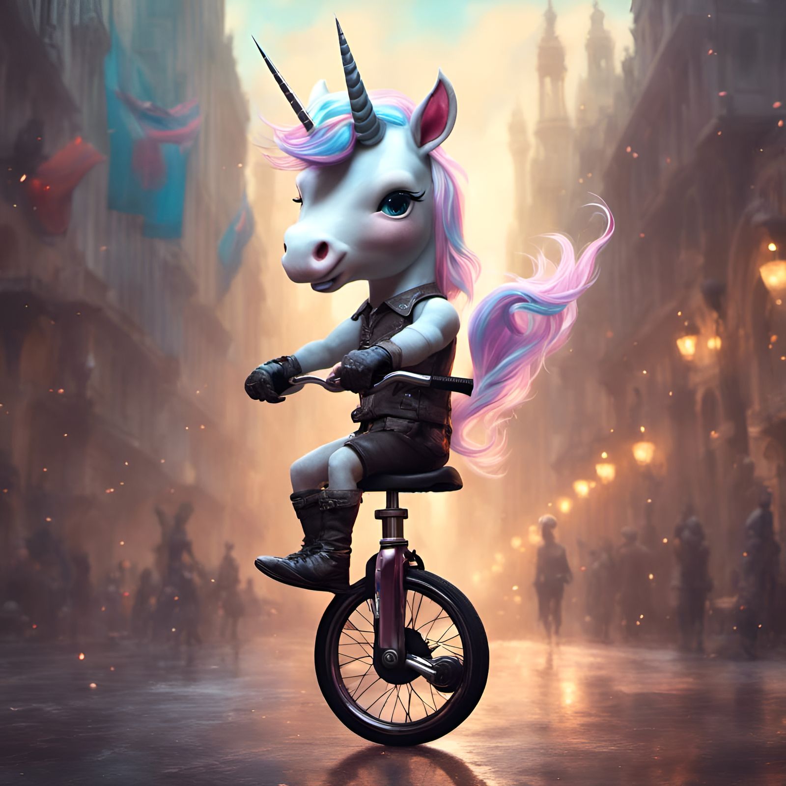 Chibi Unicorn on Unicycle: Detailed Anthropomorphic Art