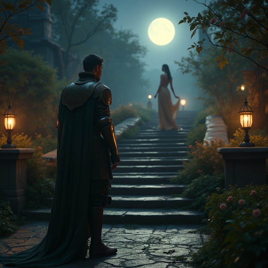 Romantic Knight in Moonlit Garden: Cinematic Film Still