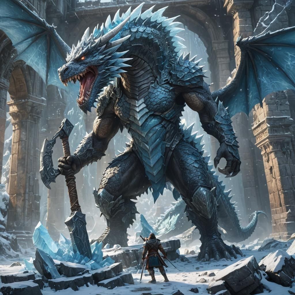 Giant vs Ice Dragon in Ancient Ruins