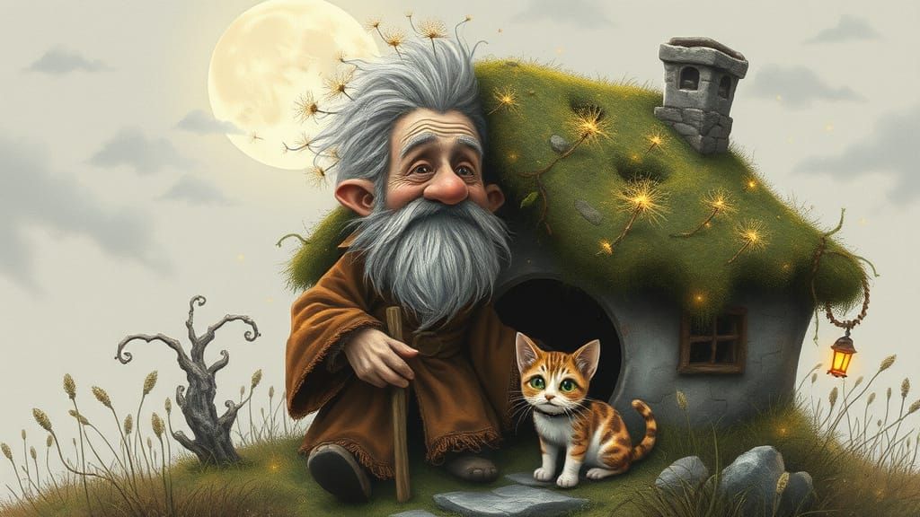 Whimsical Elderly Dwarf Enters Enchanted Moss-Covered Cottag...