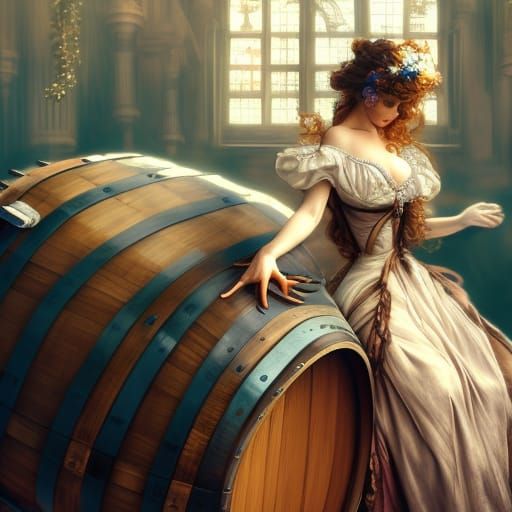 Woman Leaning on Barrel in Rococo Style