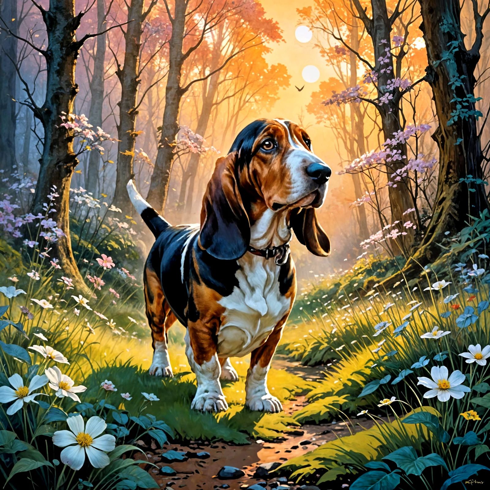 Basset Hound in Dreamlike Forest, Watercolour Art