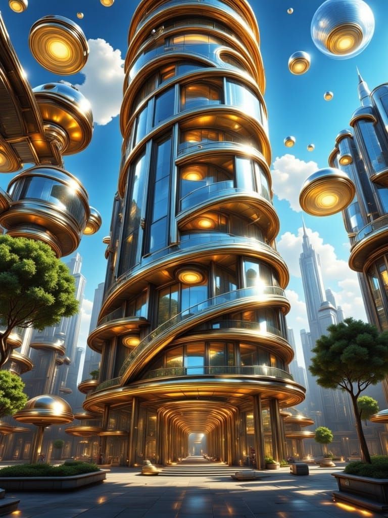 Futuristic Iridescent Spiral Staircase with Solar Windows