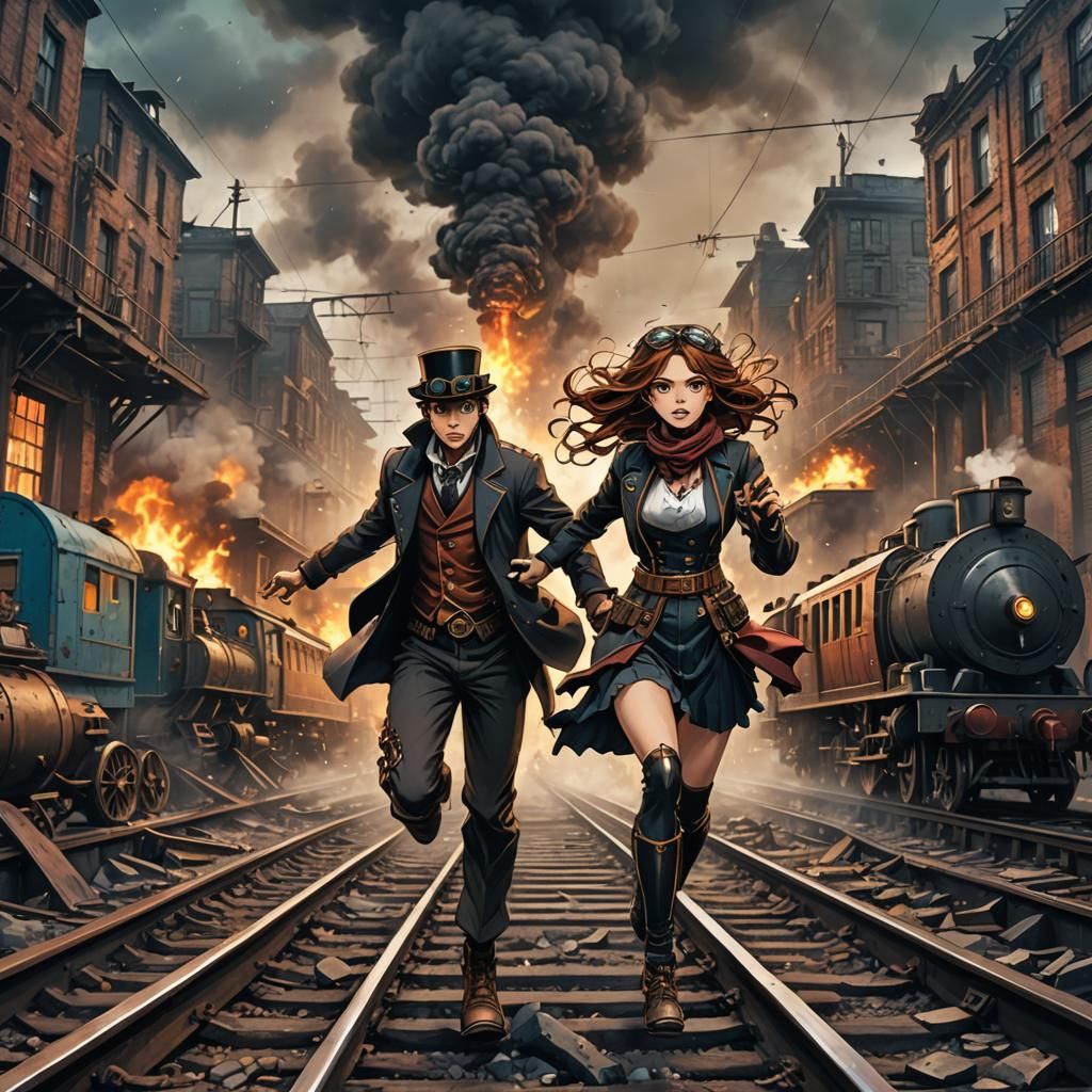Steampunk Couple Fleeing a Train in Anime Style