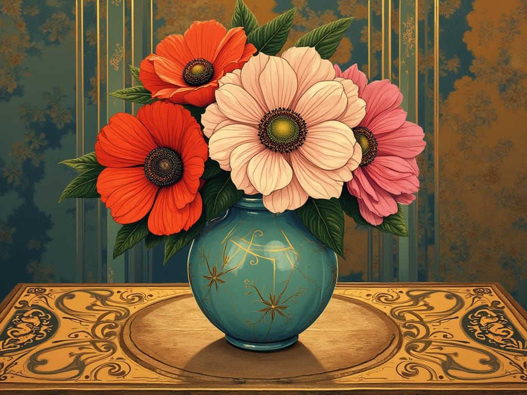 Ranunculus and Anemone Bouquet in Ukiyo-e Art Deco Style
