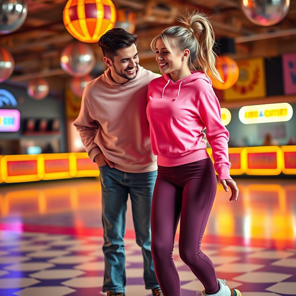 Charming Couple on Roller Skates in a Retro 80s Roller Rink