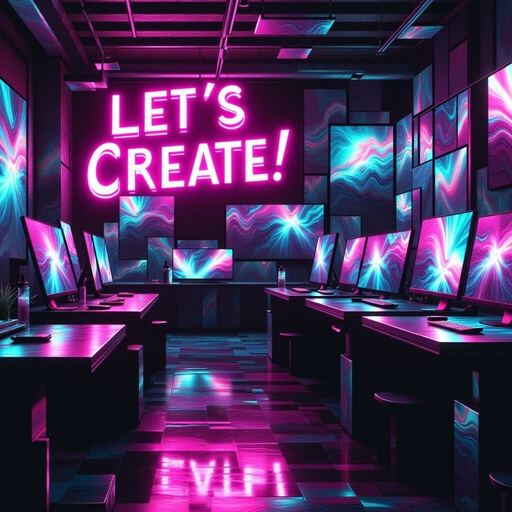 Futuristic Art Studio in Neon and Metallic Hues
