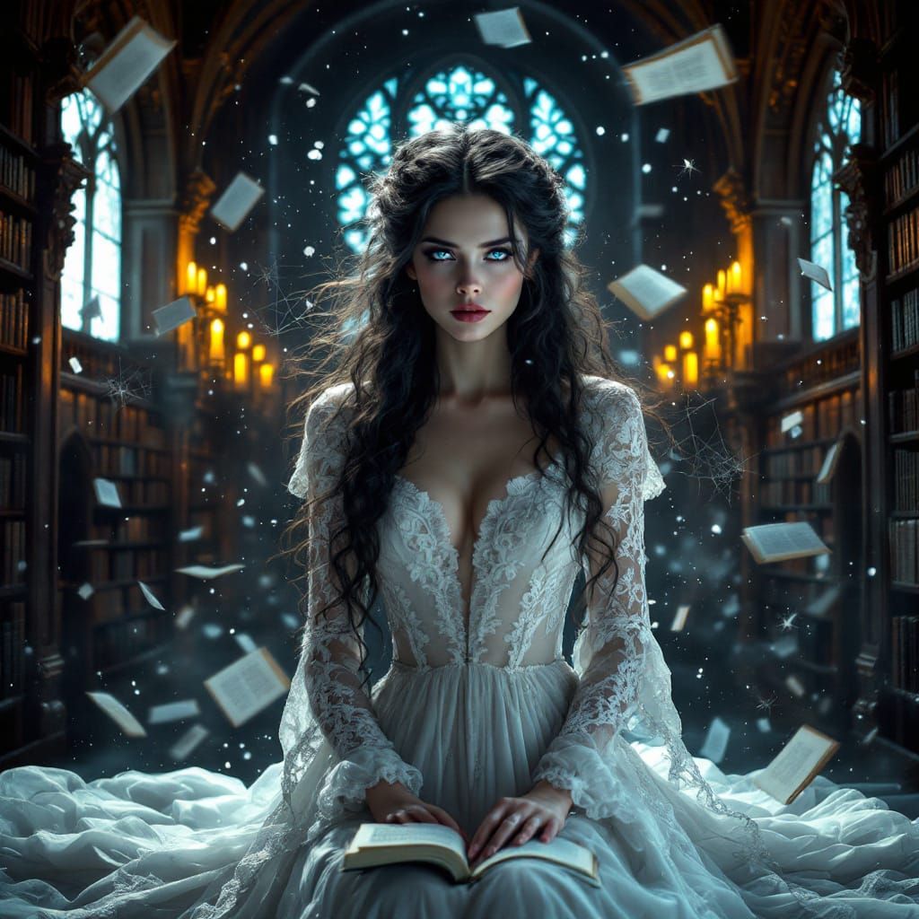 Ethereal Victorian Ghost in Library, Digital Art