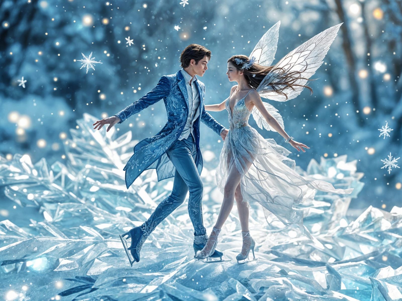 Fairies Ice-Skating on Crystalline Snowflake