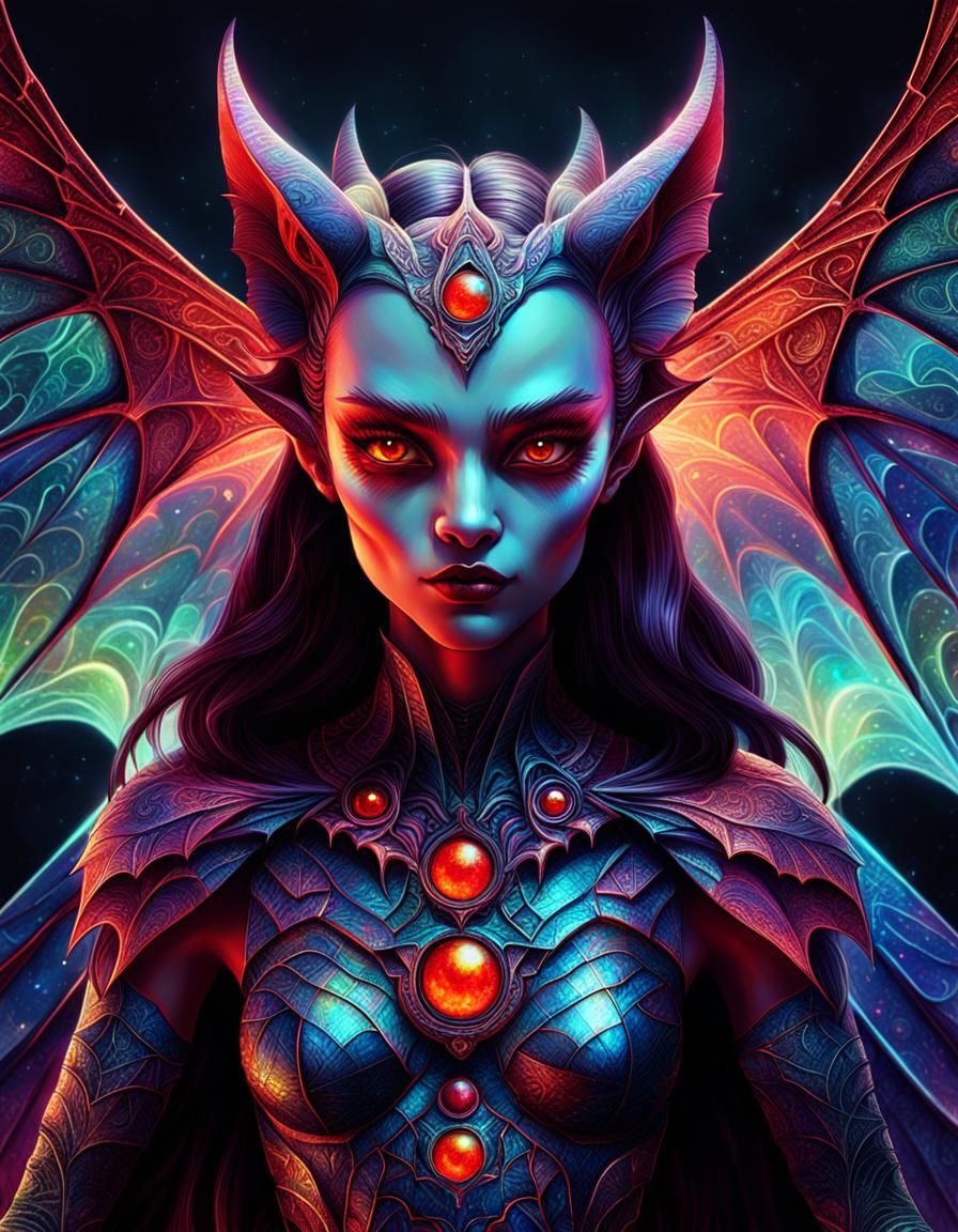 Astral Bat Goddess with Holographic Wings