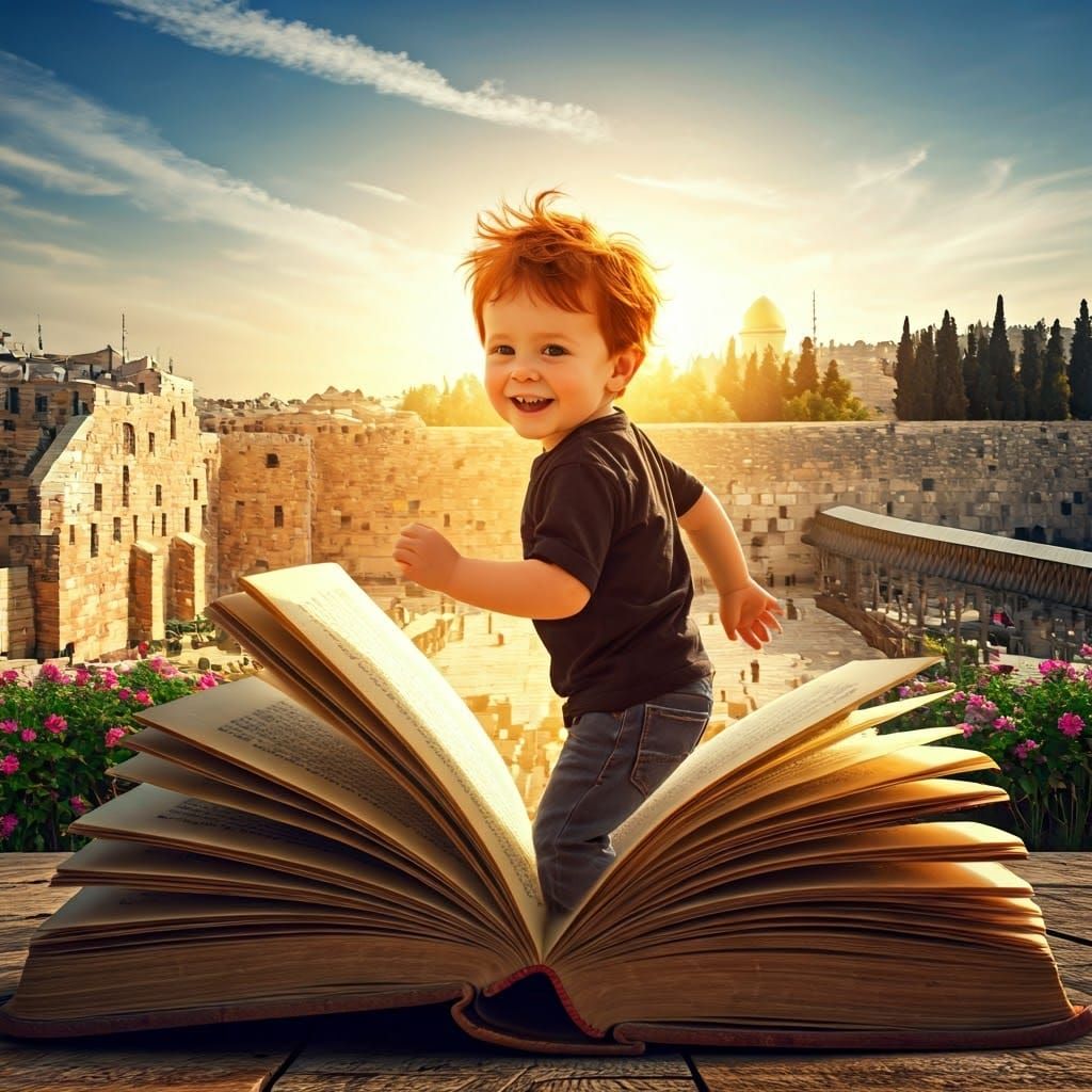 Boy Emerges From Book in Jerusalem, Cinematic Illustration