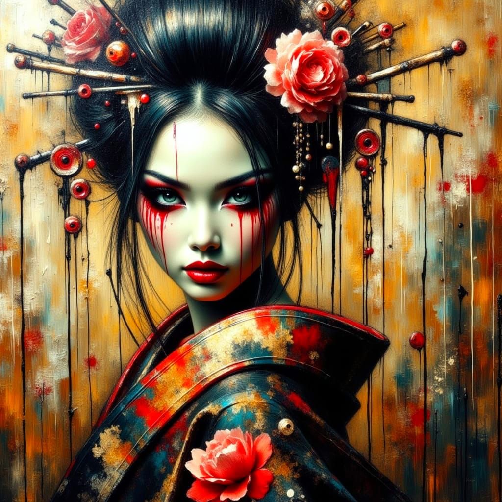 Elegant Geisha in Intense, Textured Drips Impasto Style