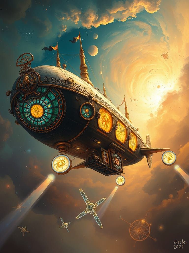Steampunk Airship Soaring Through Nebula, Ethereal Lighting