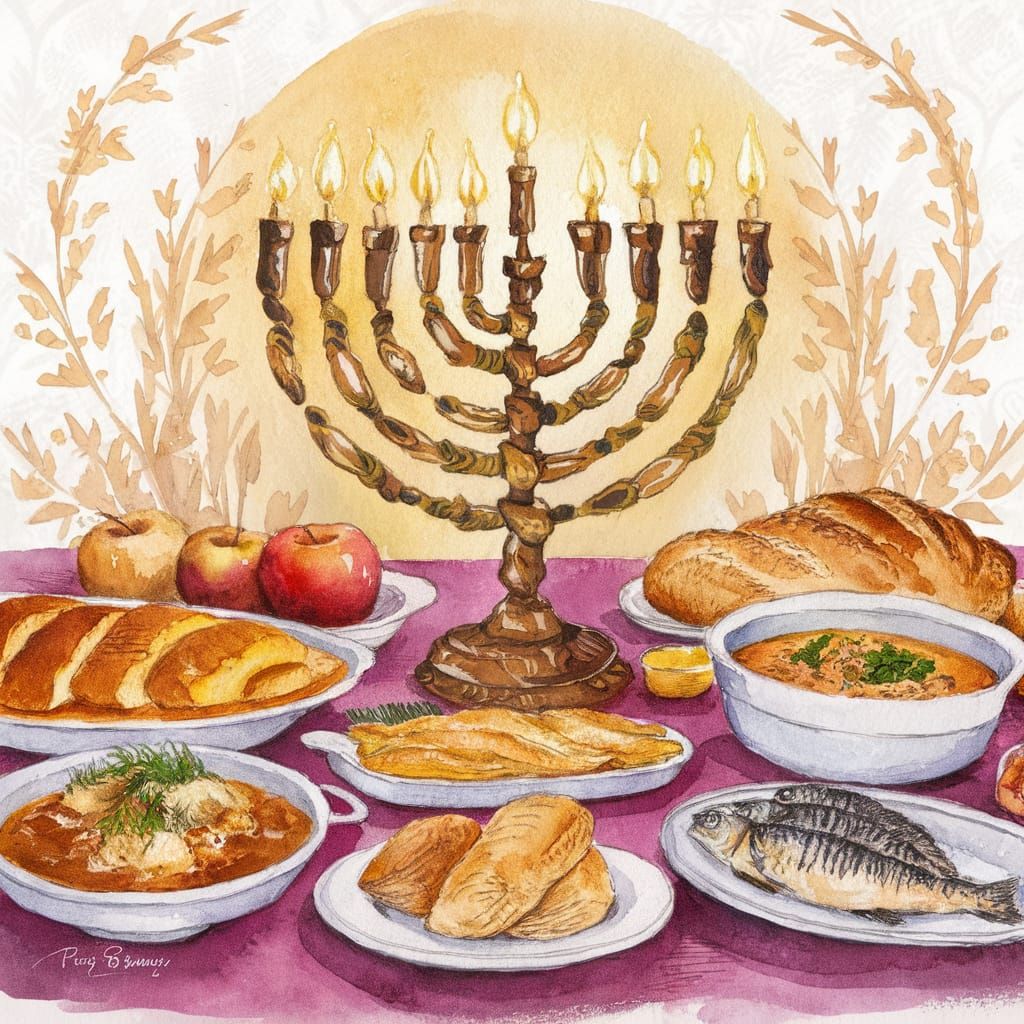 Rosh Hashanah Meal with Menorah in Watercolour