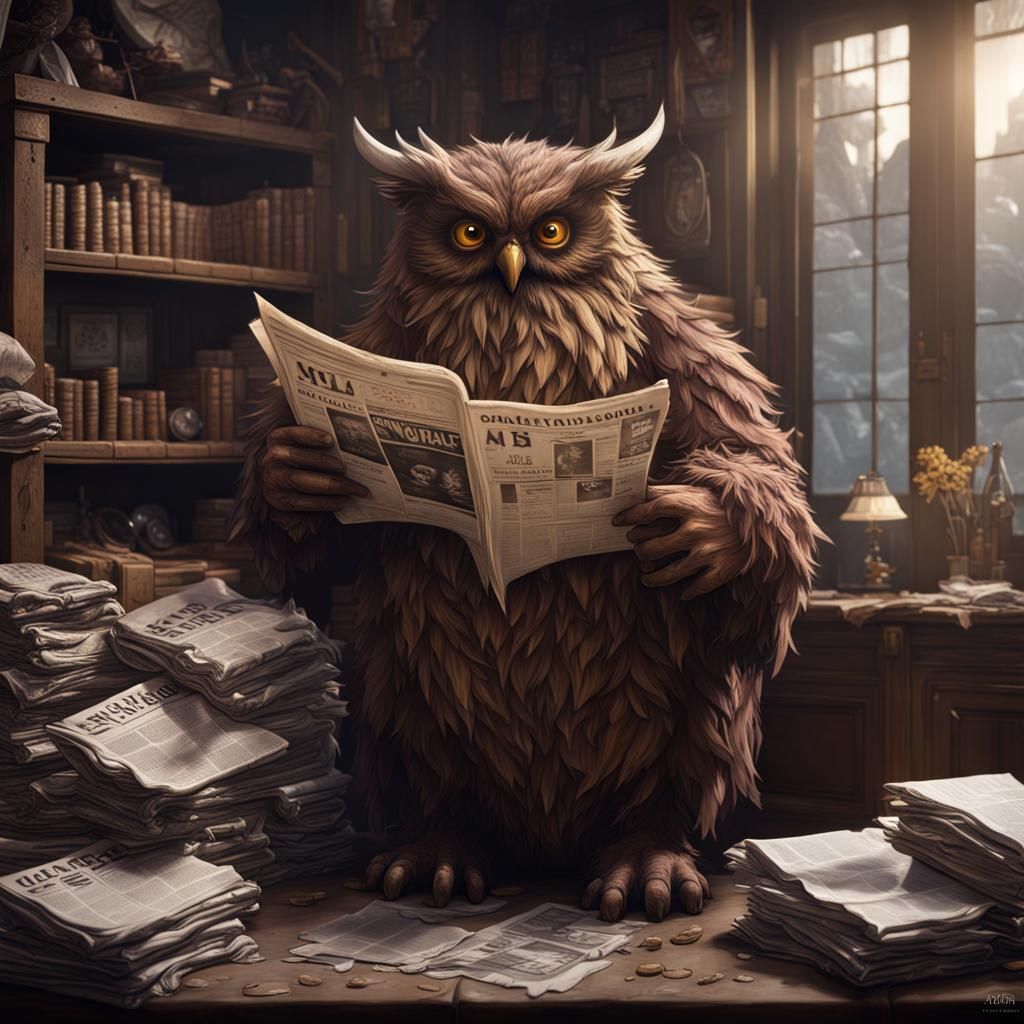 Owlbear Newspaper Vendor: Fantasy Concept Art