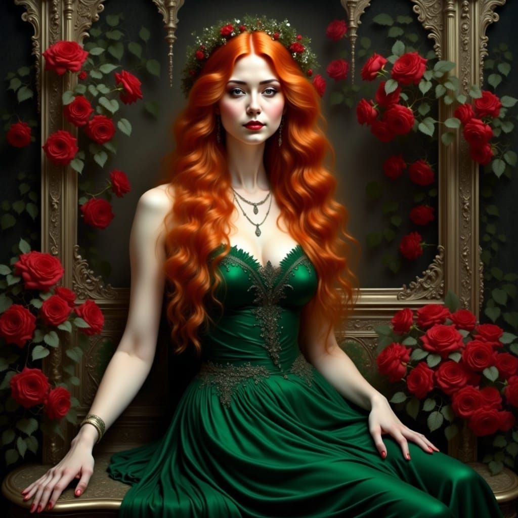 Vittoriano Lady in Scarlet and Green Velvet