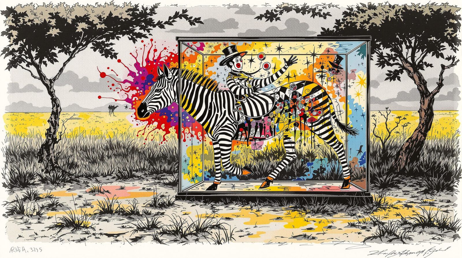 Detailed Zebra Mime in Glass Box by Ralph Steadman