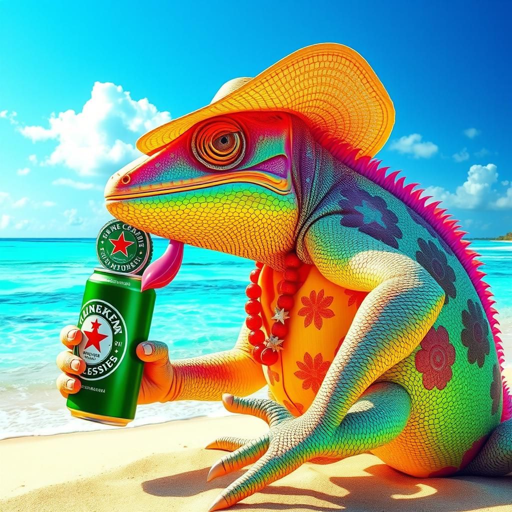 Giant Chameleon Sipping Beer on the Beach