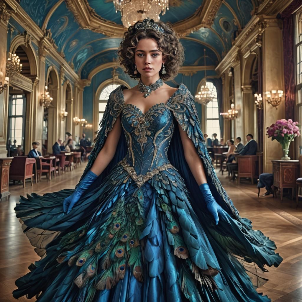 Woman in Peacock Dress in Hyperrealistic Style