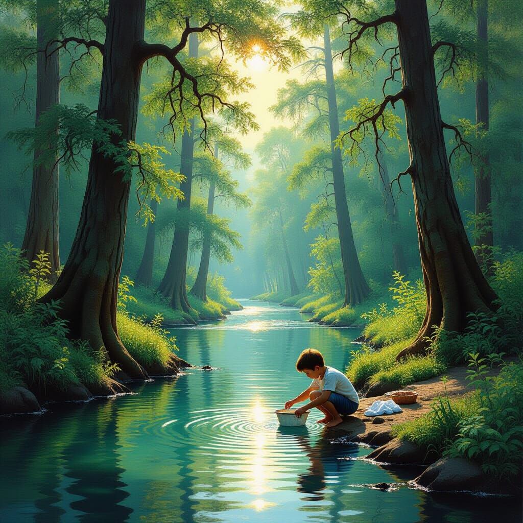 Serene Forest River Scene With Boy Washing Clothes