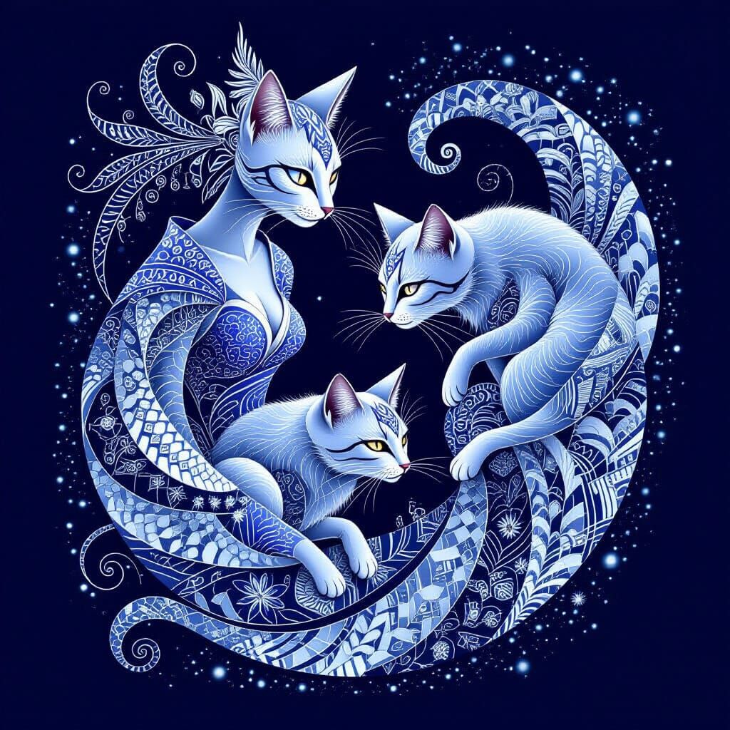Women Morphing into Silver Cats with Fractal Art