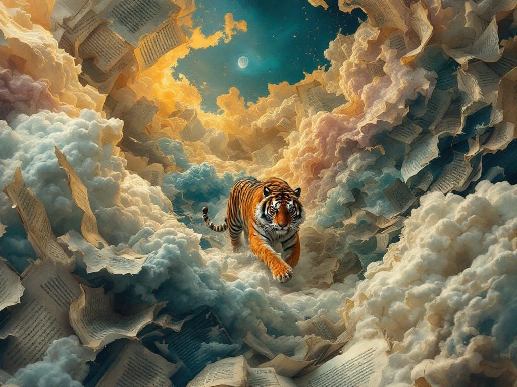 Tiger Roams Surreal Book Realm in Dreamy, Ethereal Atmospher...