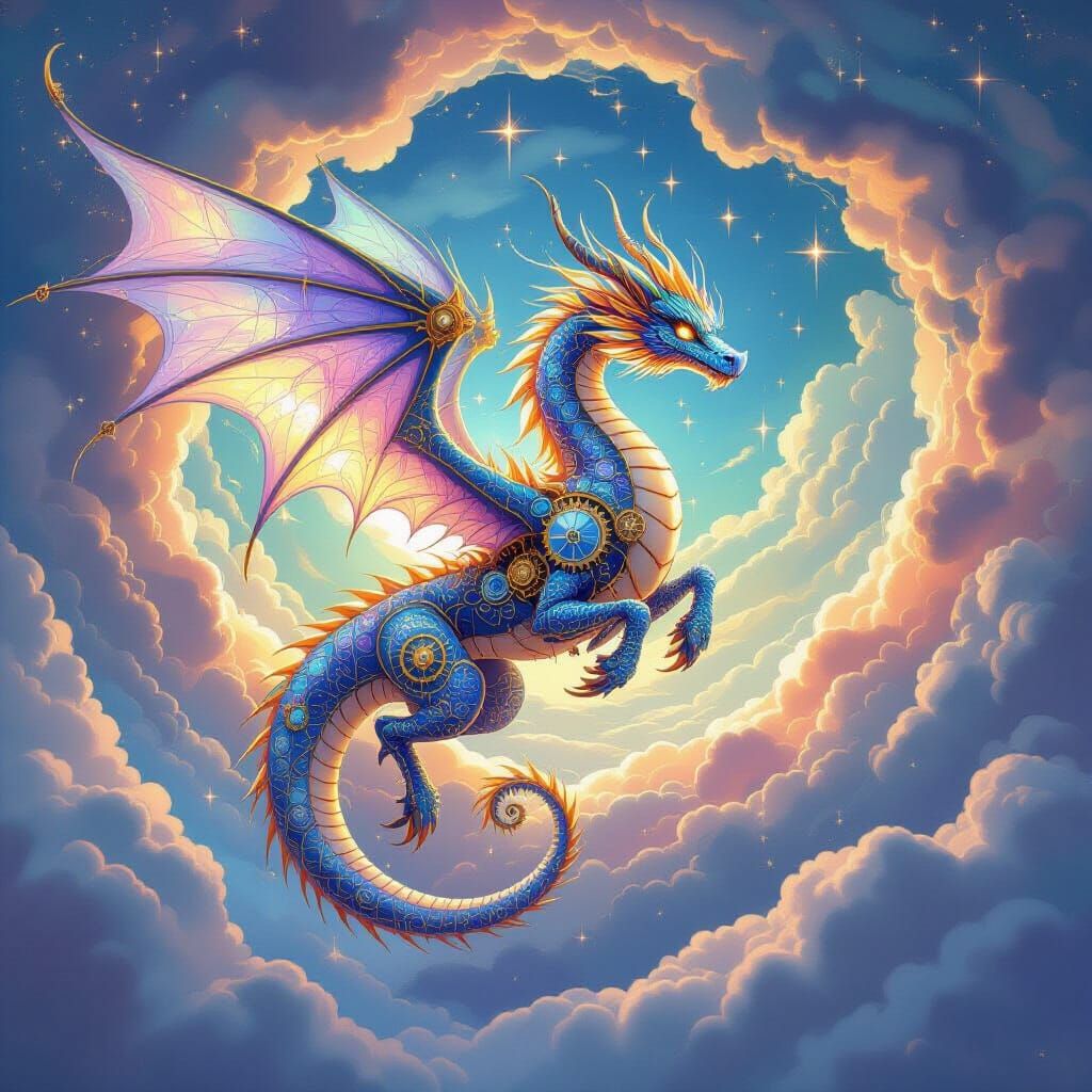Crystal Dragon Soaring Through Steampunk Sky