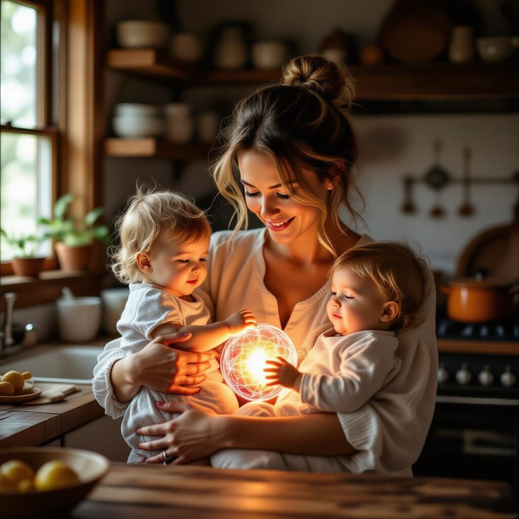 Kirlian Photography: Mother and Children in Rustic Kitchen