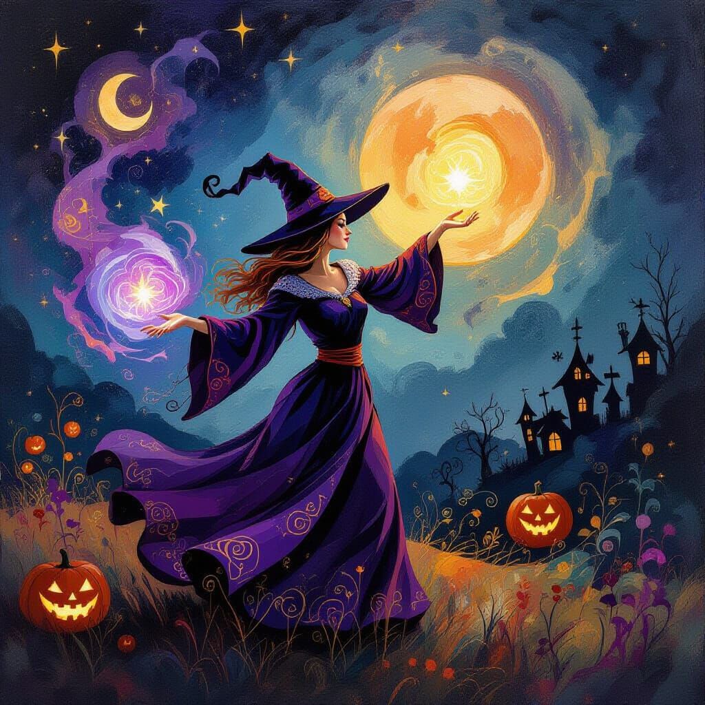Witch Casting Spell on Halloween Night with Ethereal Glow