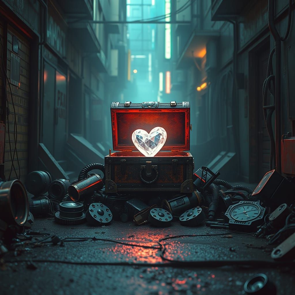 Cyberpunk Treasure Chest Illuminated by Radiant Gemstone