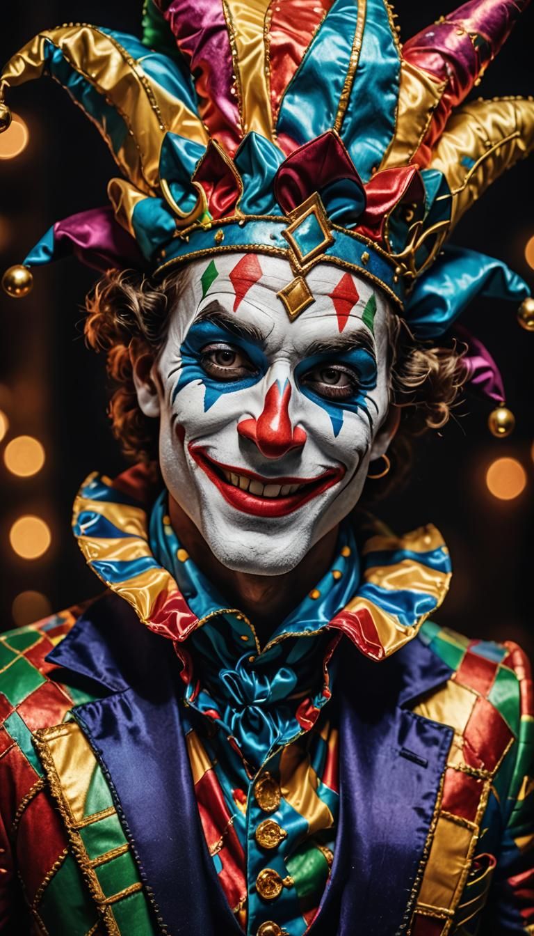 Surreal Harlequin Jester Portrait in Dreamlike Colors