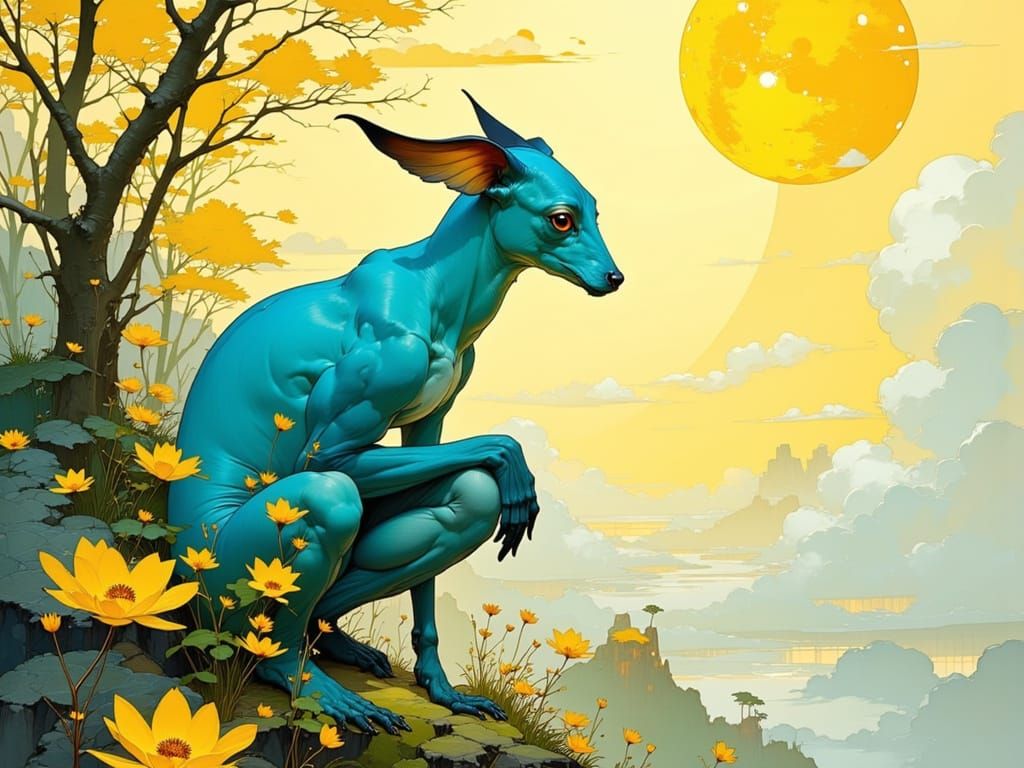 Surreal Dreamscape with Blue Animal in Art Nouveau