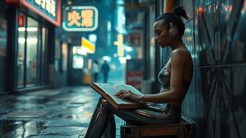 Cyberpunk Dancer's Quiet Moment in Neon Alley