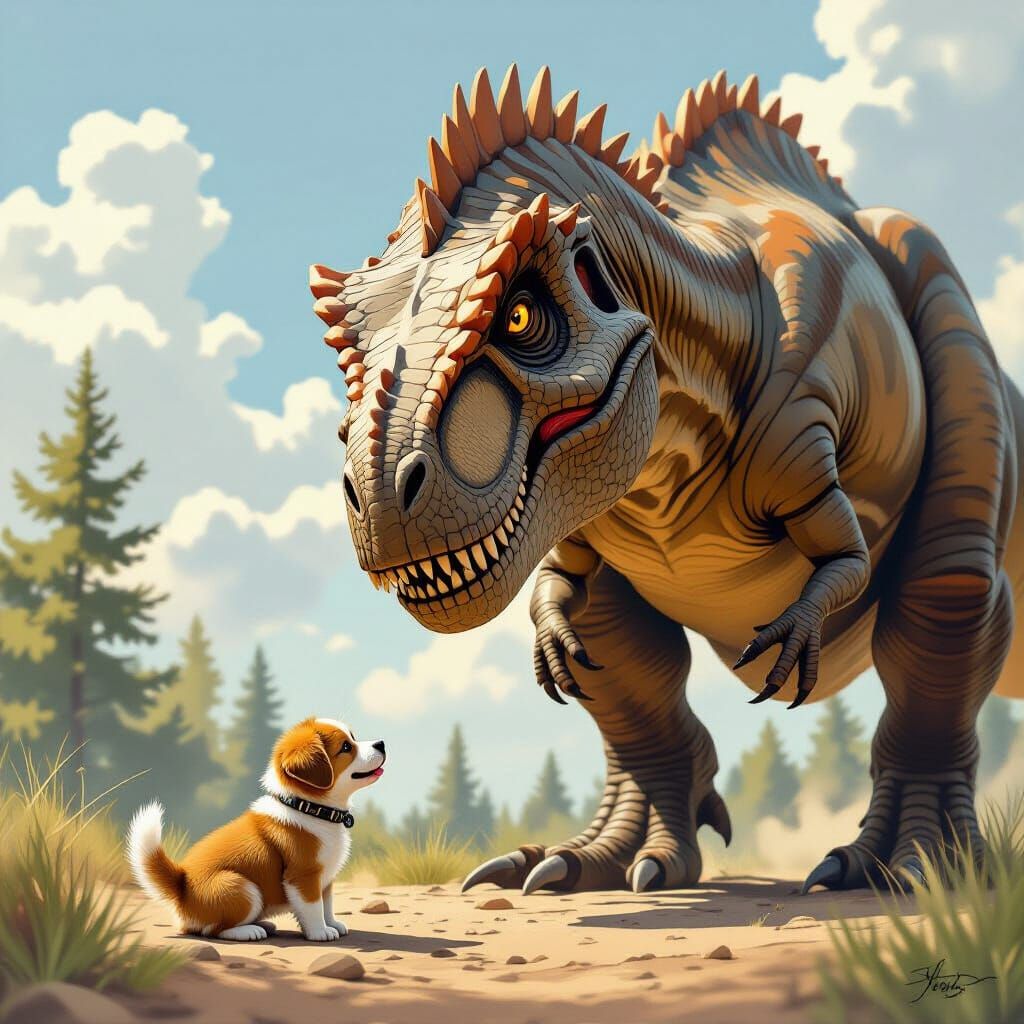T-Rex and Puppy Playful Interaction