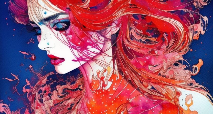 Flame Goddess in Red Watercolor Style