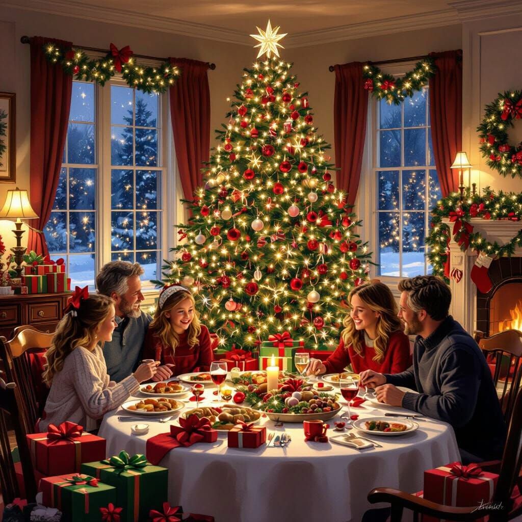 Cozy Christmas Eve Family Feast Digital Painting