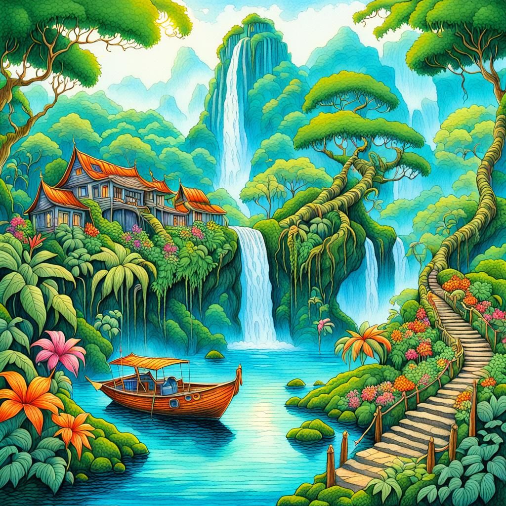Tropical Jungle Waterfall with Tiger in Boat