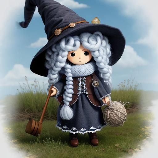 Whimsical Witch Weaving a Woolly Wig